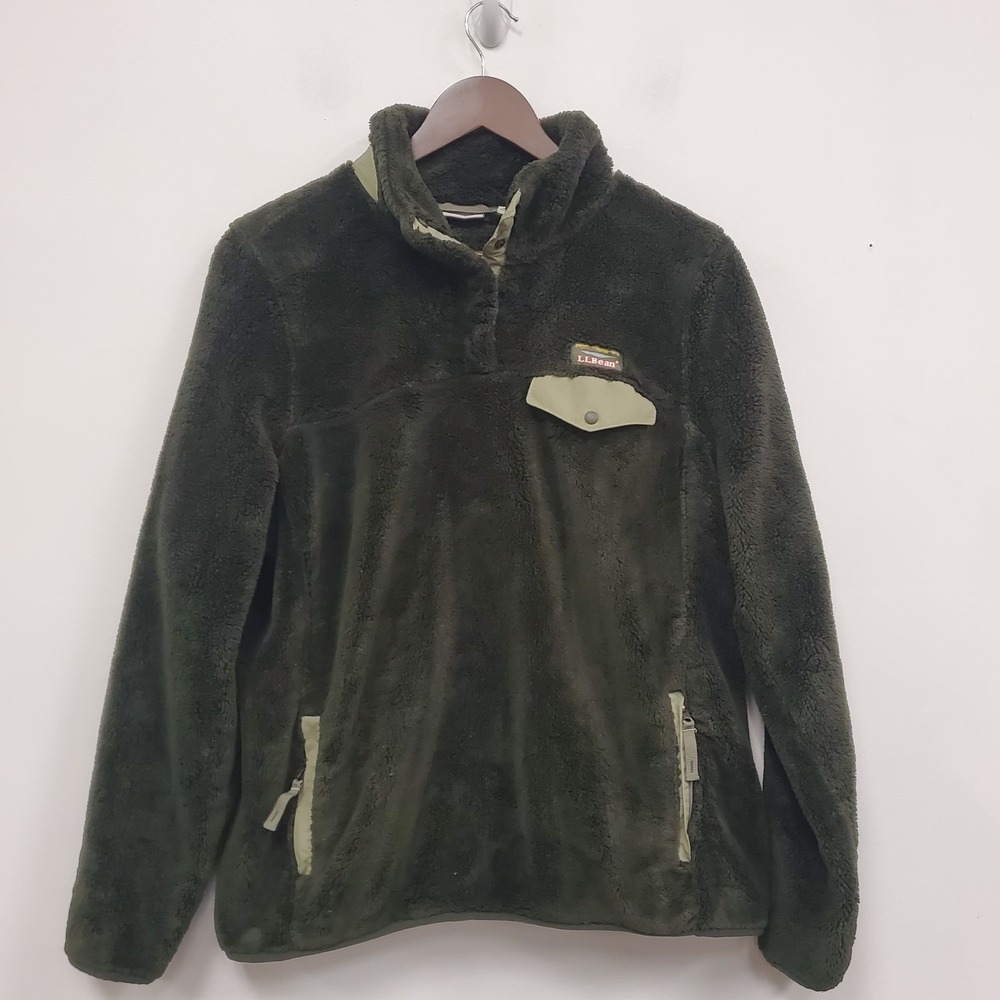 LL Bean Womens 1/4 Button Hi Pile Fleece Sweatshirt Size L Green Granola Hiking